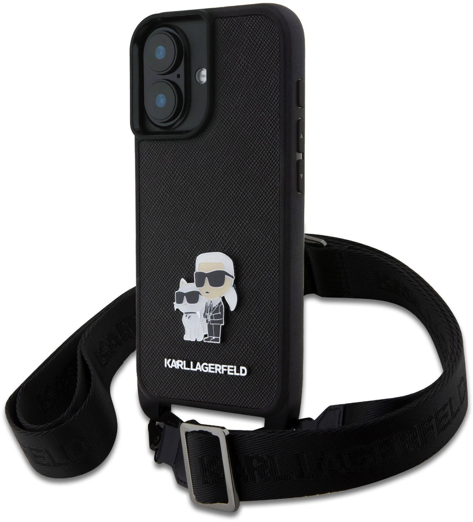 Karl Lagerfeld Saffiano Crossbody Popruh Metal Karl and Choupette Zadní Kryt pro iPhone 16 Plus Blac