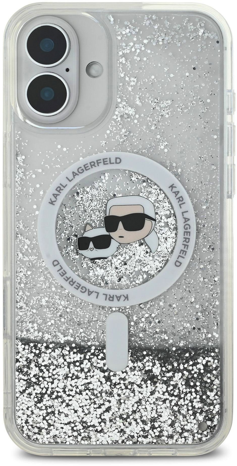 Karl Lagerfeld Liquid Glitter Karl and Choupette Heads MagSafe Zadní Kryt pro iPhone 16 Transparent