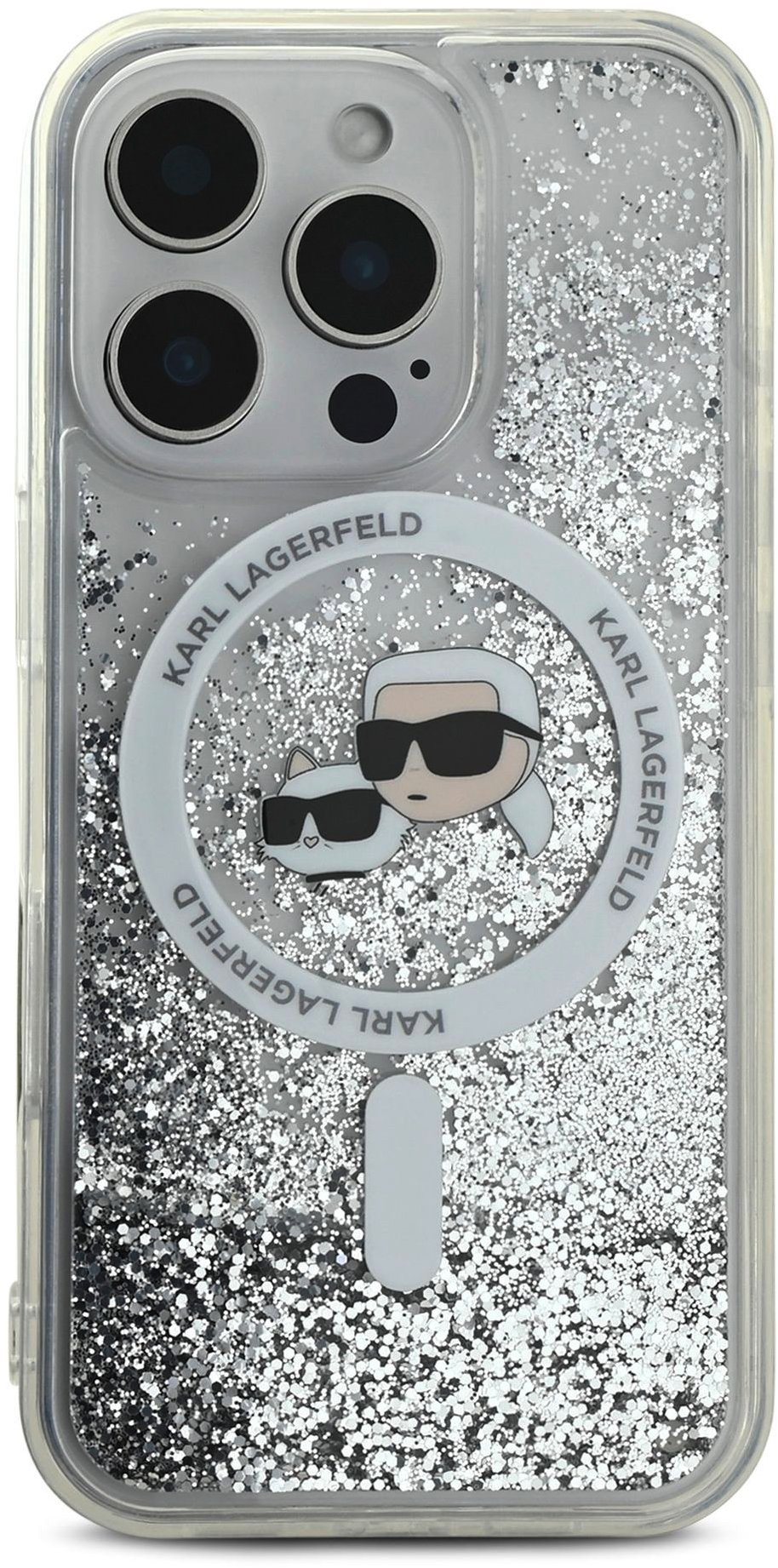 Karl Lagerfeld Liquid Glitter Karl and Choupette Heads MagSafe Zadní Kryt pro iPhone 16 Pro Max Tran