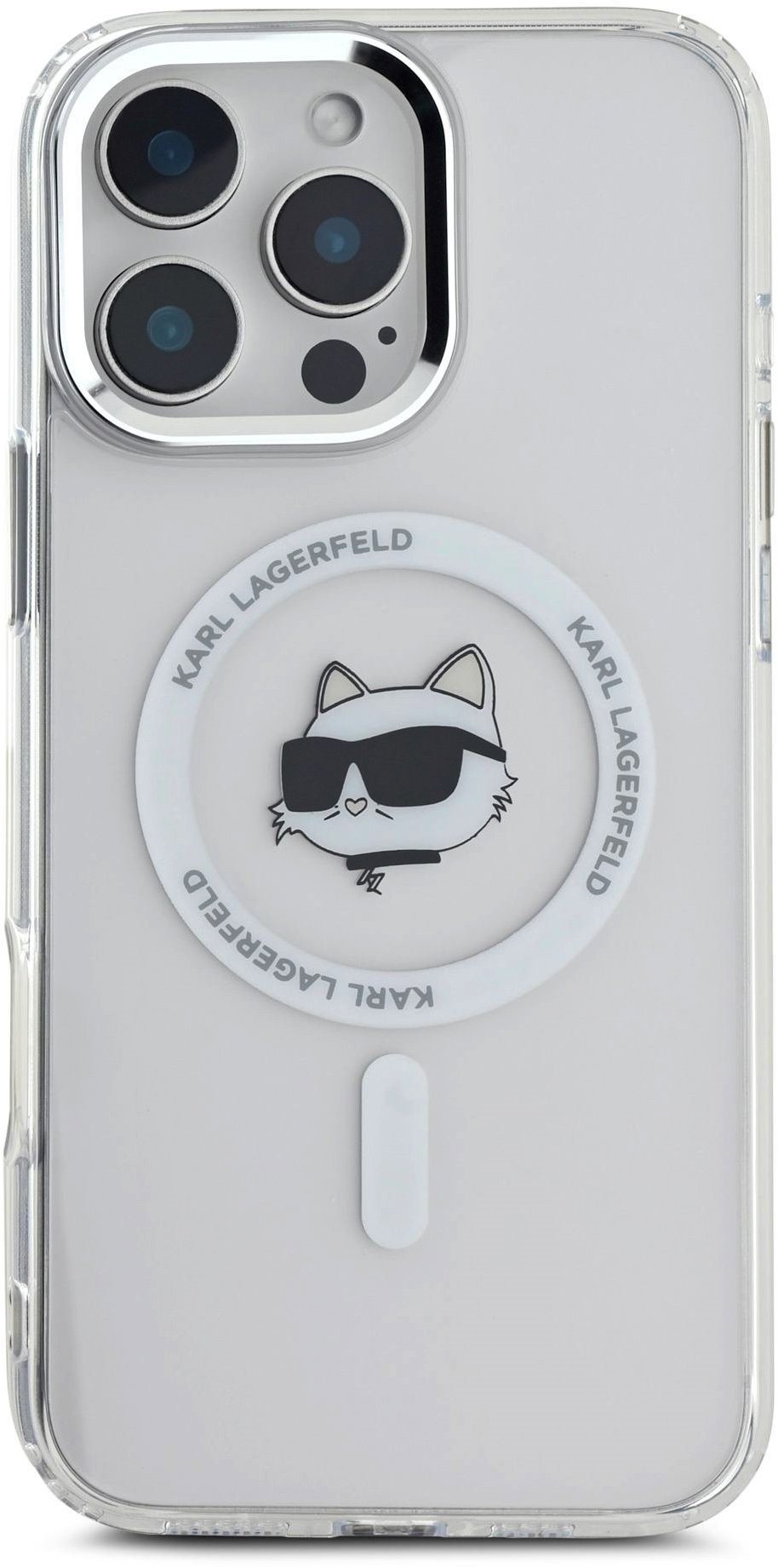 Karl Lagerfeld IML Choupette Head Metal Frame MagSafe Zadní Kryt pro iPhone 16 Pro Max Transparent