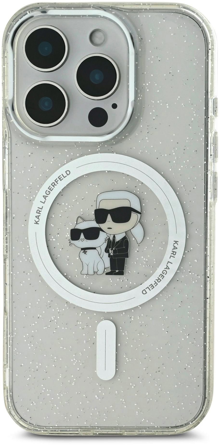 Karl Lagerfeld IML Glitter Karl and Choupette MagSafe Zadní Kryt pro iPhone 16 Pro Max Transparent