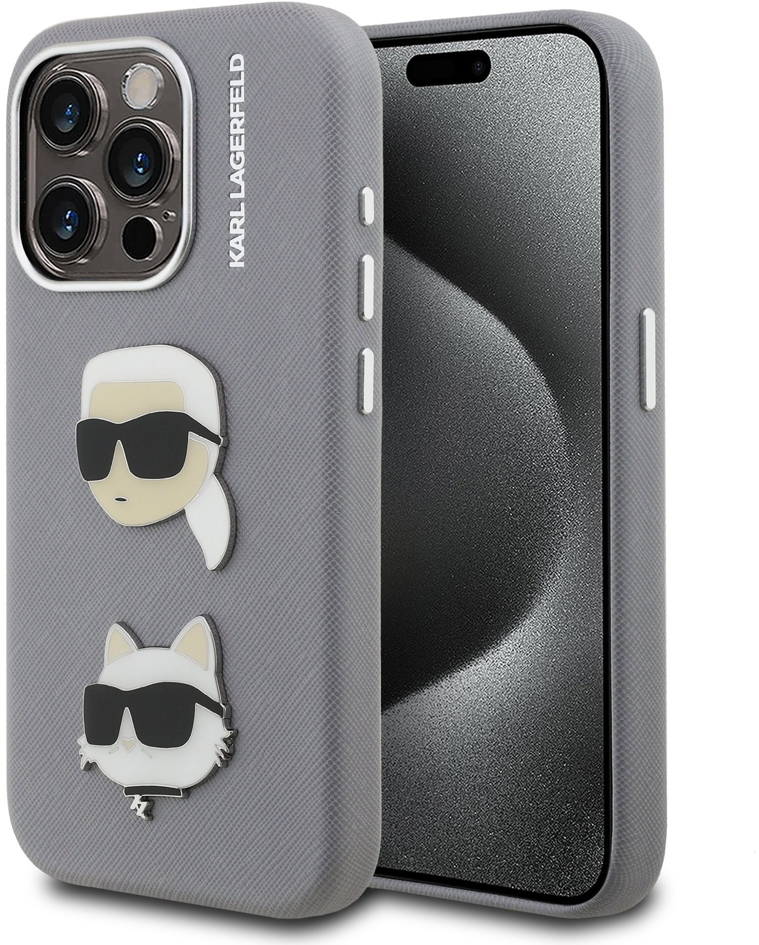Karl Lagerfeld Grained PU K&CH Heads Zadní Kryt pro iPhone 15 Pro Max Grey