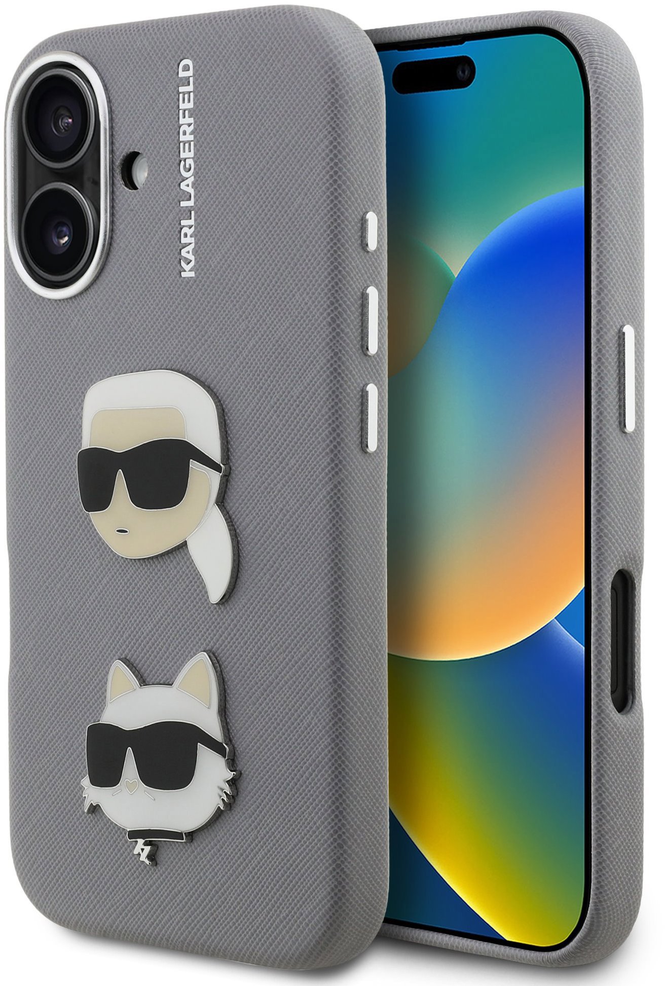 Karl Lagerfeld Grained PU K&CH Heads Zadní Kryt pro iPhone 16 Grey
