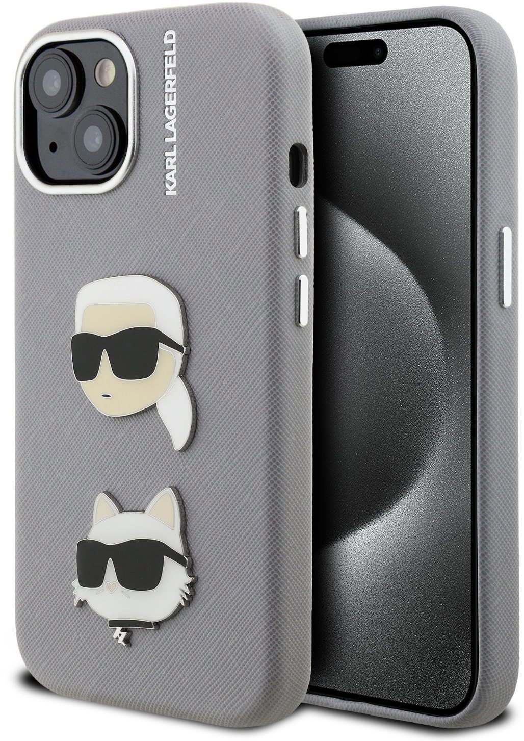 Karl Lagerfeld Grained PU K&CH Heads Zadní Kryt pro iPhone 15 Grey
