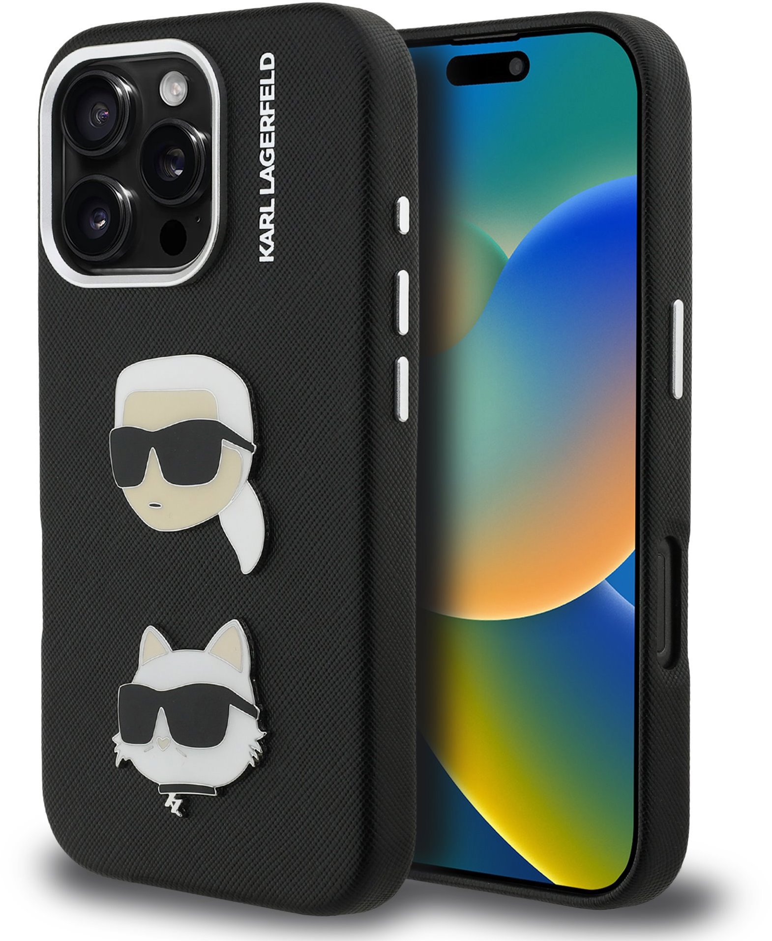 Karl Lagerfeld Grained PU K&CH Heads Zadní Kryt pro iPhone 16 Pro Black