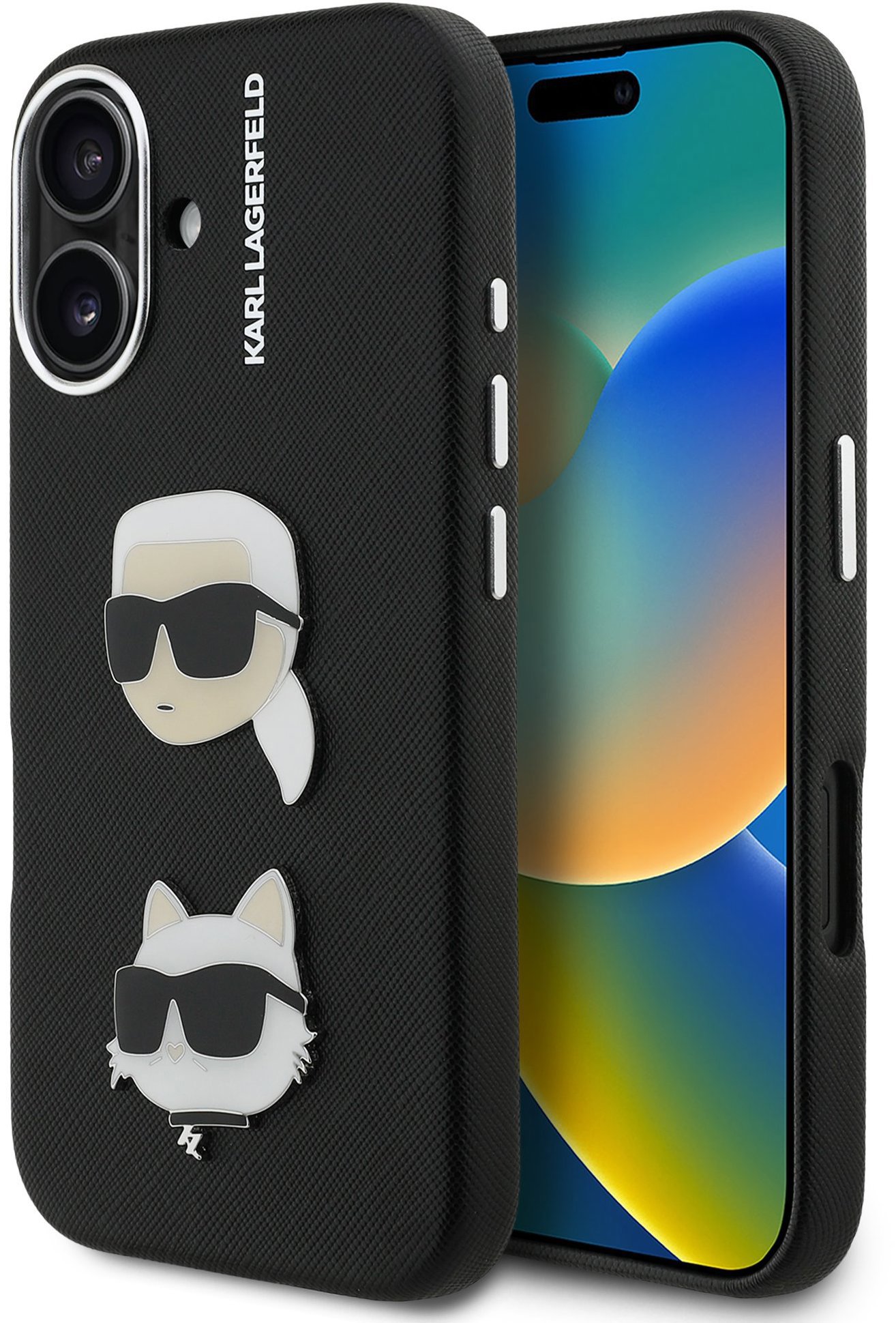Karl Lagerfeld Grained PU K&CH Heads Zadní Kryt pro iPhone 16 Black