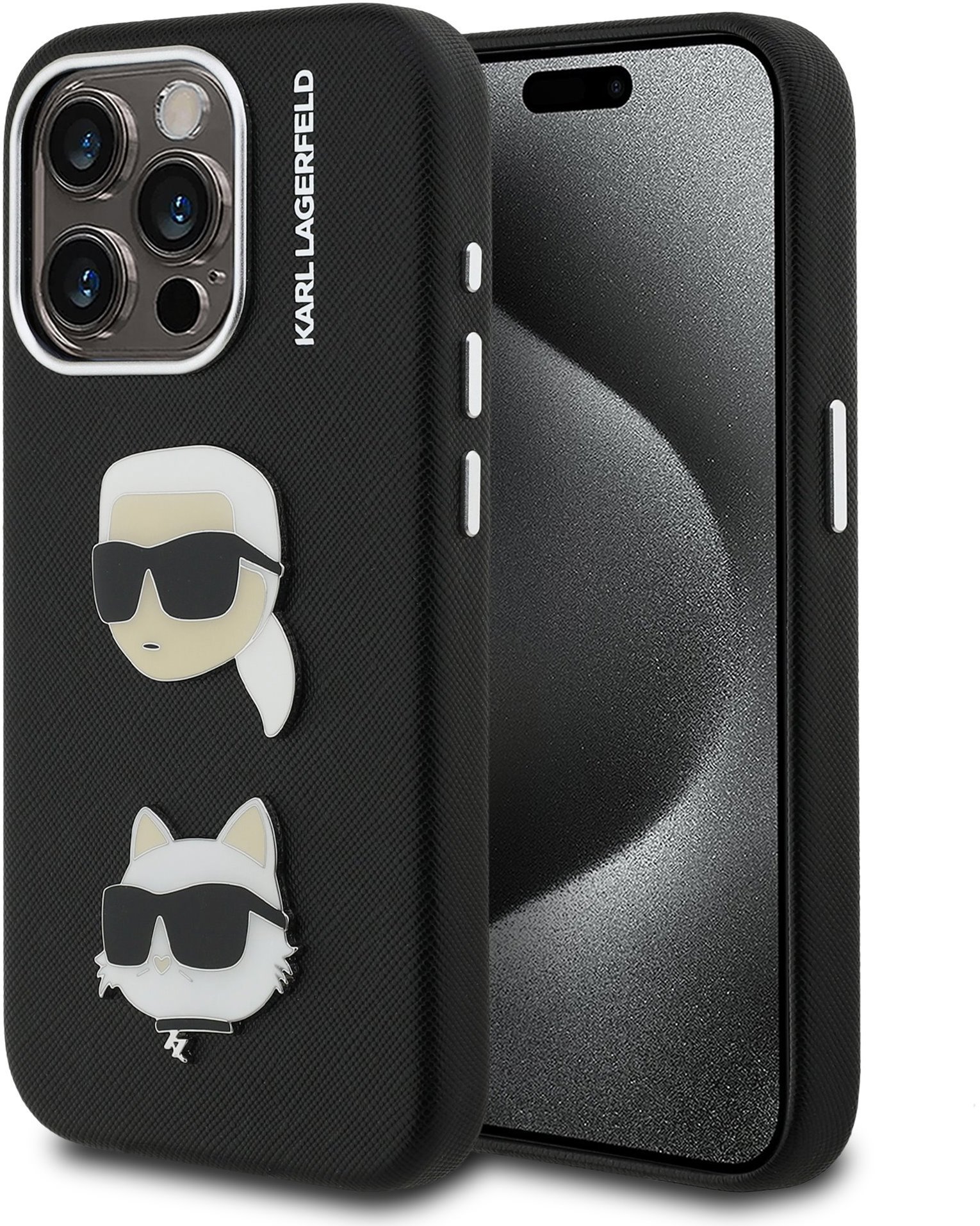 Karl Lagerfeld Grained PU K&CH Heads Zadní Kryt pro iPhone 15 Pro Black