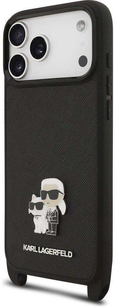 Karl Lagerfeld Saffiano Crossbody Popruh Metal Karl and Choupette Zadní Kryt pro iPhone 17 Pro Black