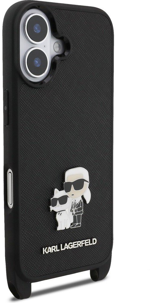 Karl Lagerfeld Saffiano Crossbody Popruh Metal Karl and Choupette Zadní Kryt pro iPhone 17 Black