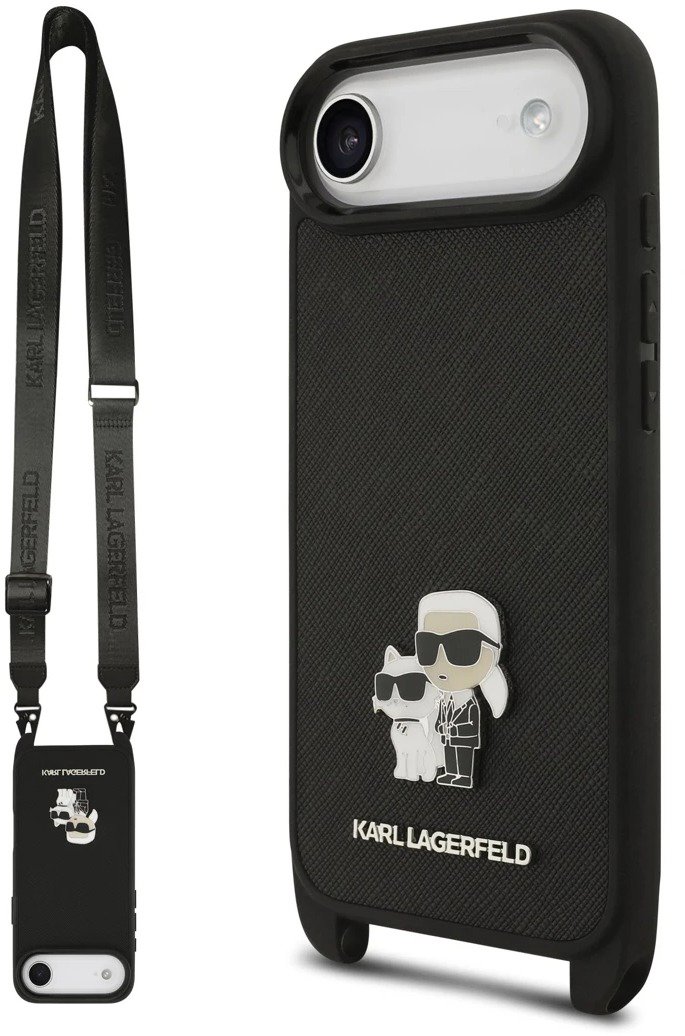 Karl Lagerfeld Saffiano Crossbody Popruh Metal Karl and Choupette Zadní Kryt pro iPhone Air Black