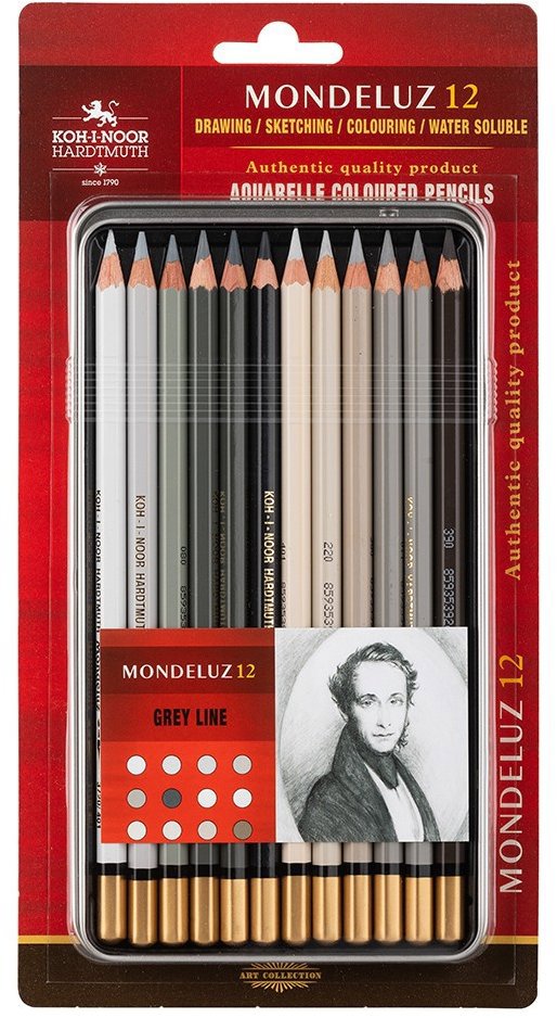 Koh-i-noor Mondeluz 3722/12 Umělecké pastelky, šedá řada, v plechovém pouzdře 12 ks