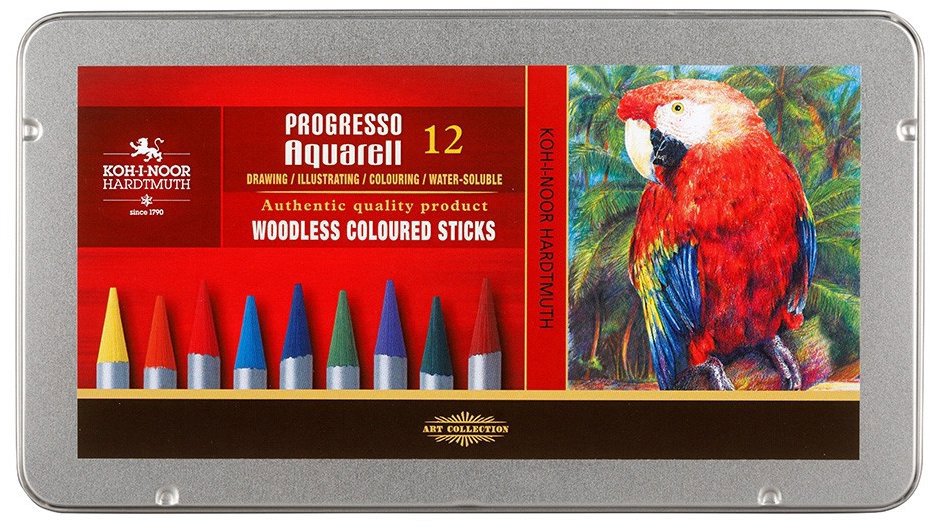 Koh-i-noor Progresso aquarell 8782/12 Akvarelové pastelky v laku, v plechovém pouzdře 12 ks