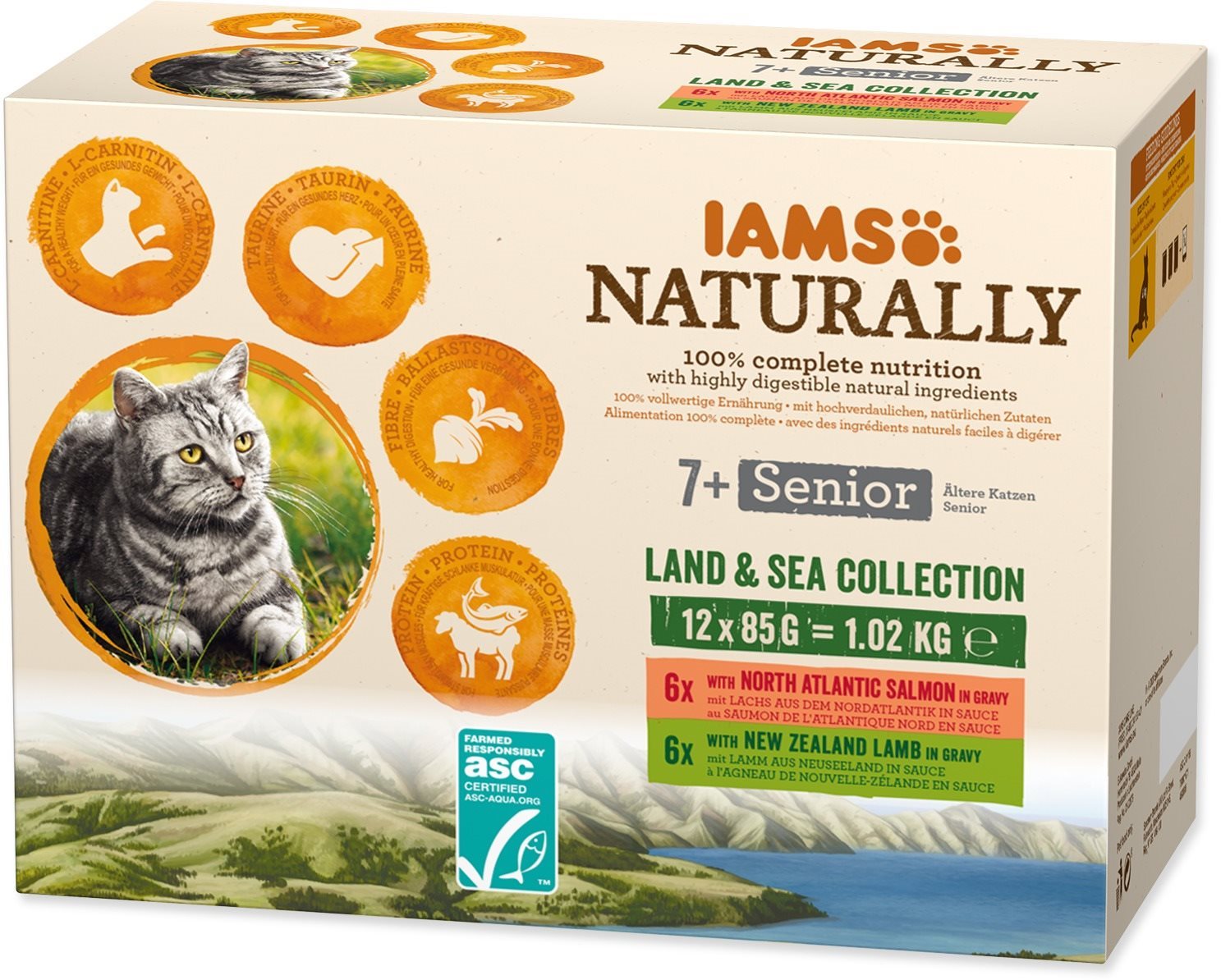 IAMS Naturally pro kočičí seniory s jehněčím a lososovým masem v omáčce 12 × 85 g
