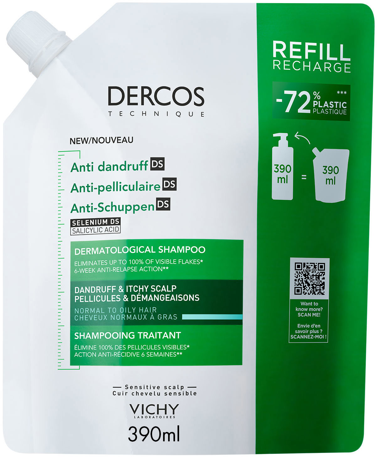 VICHY Dercos Šampon proti lupům mastné vlasy náhradní náplň 390 ml