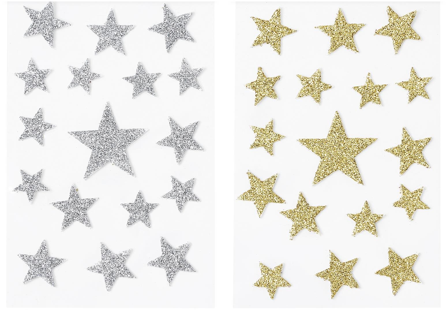 LAALU Vánoční dekorace - samolepky do oken hvězdy stříbrné, zlaté 15 cm, 2 ks