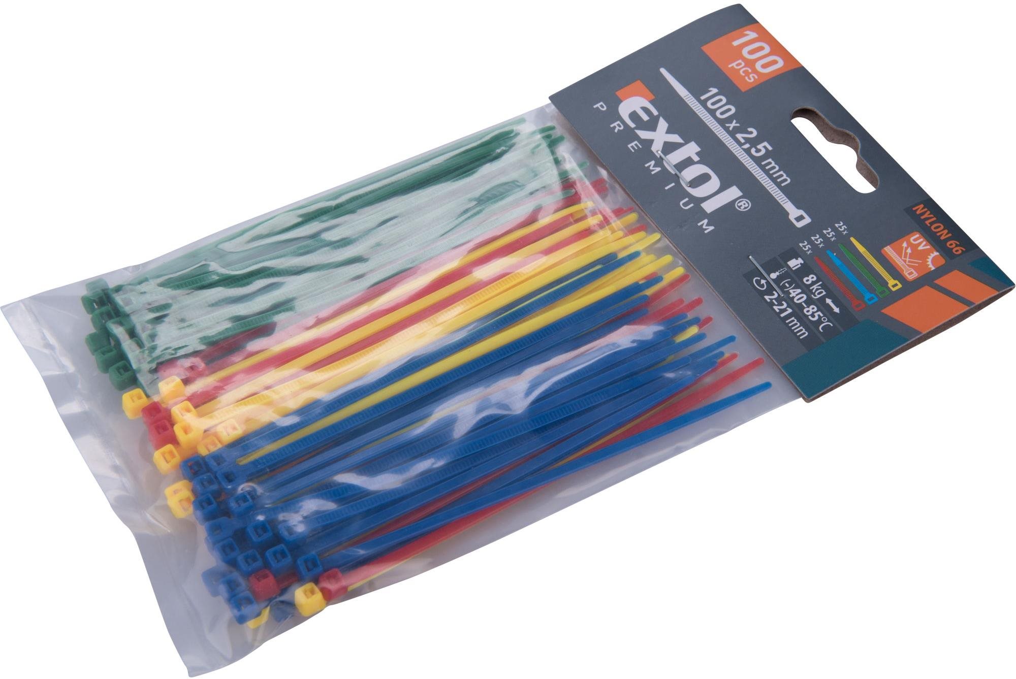 EXTOL PREMIUM pásky stahovací barevné, 100x2,5mm, 100ks, (4x25ks), 4 barvy, nylon PA66, 8856192