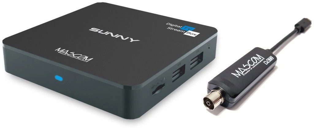 Mascom Sunny-T Android TV box s DVB-T2 tunerem, 4K HDR, WiFi, BT, Oneplay, Netflix