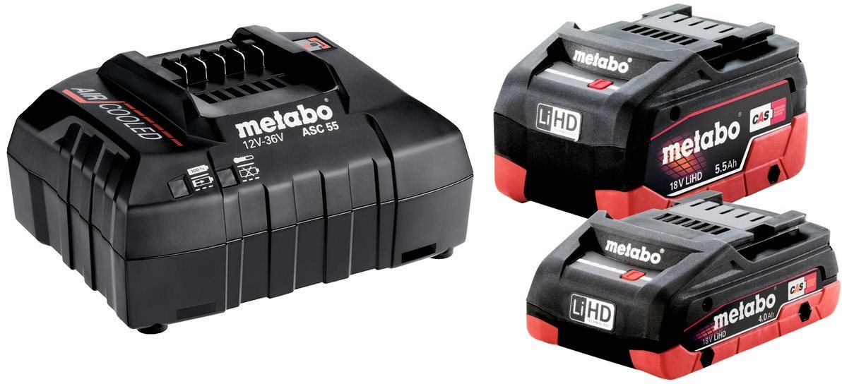 METABO Nabíjecí baterie pro aku nářadí Set LiHD 18V 1 × 4,0 Ah + 1 × 5,5 Ah, nabíječka ASC 55