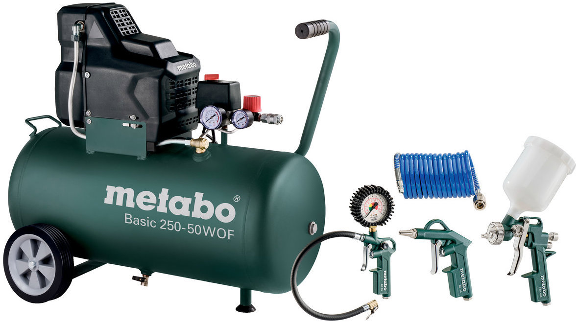 METABO kompresor se vzdušníkem 50l, bezolejový s příslušenstvím Set Basic 250-50 W OF + LPZ 4 Set