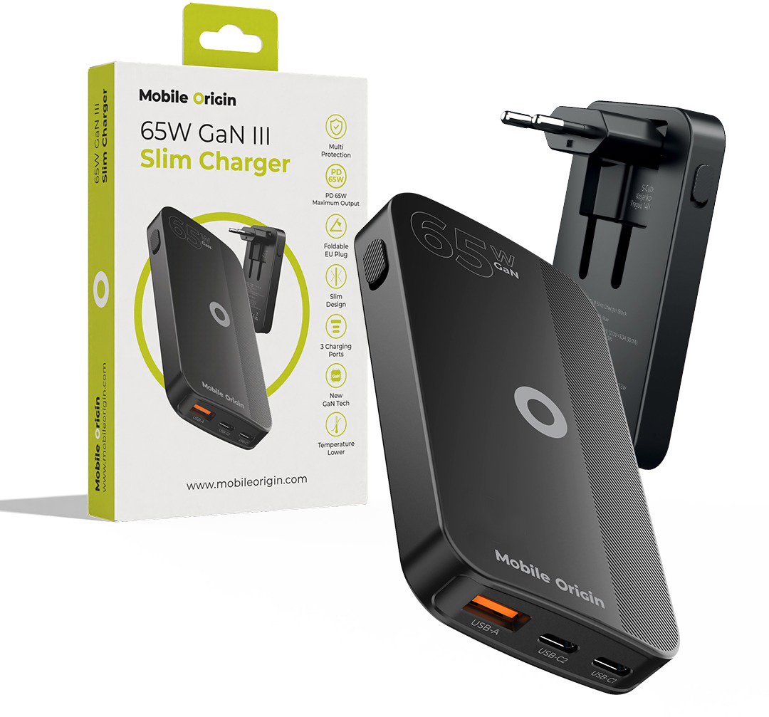 Mobile Origin 65W GaN III Slim Charger dual USB-C Single USB-A Black