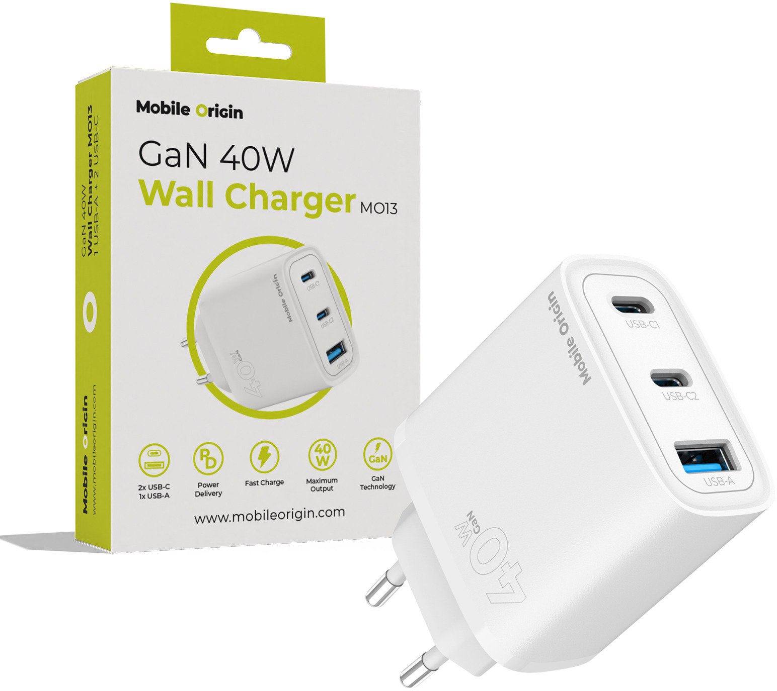 Mobile Origin GaN 40W Wall Charger MO13 1 USB-A + 2 USB-C