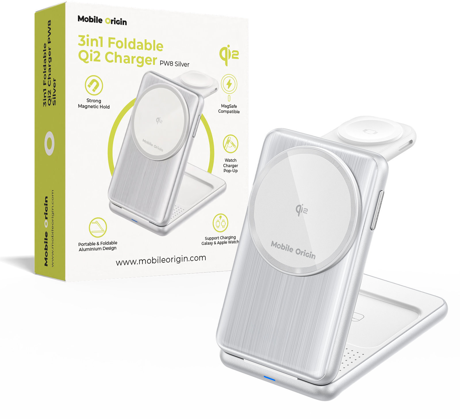 Mobile Origin 3in1 Foldable Qi2 Charger PW8 Silver