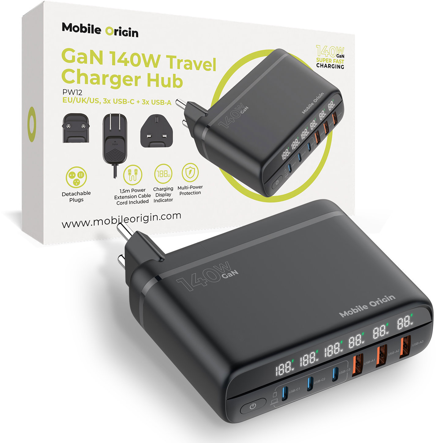Mobile Origin GaN 140W Travel Charger Hub PW12 EU/UK/US 3x USB-C + 3x USB-A