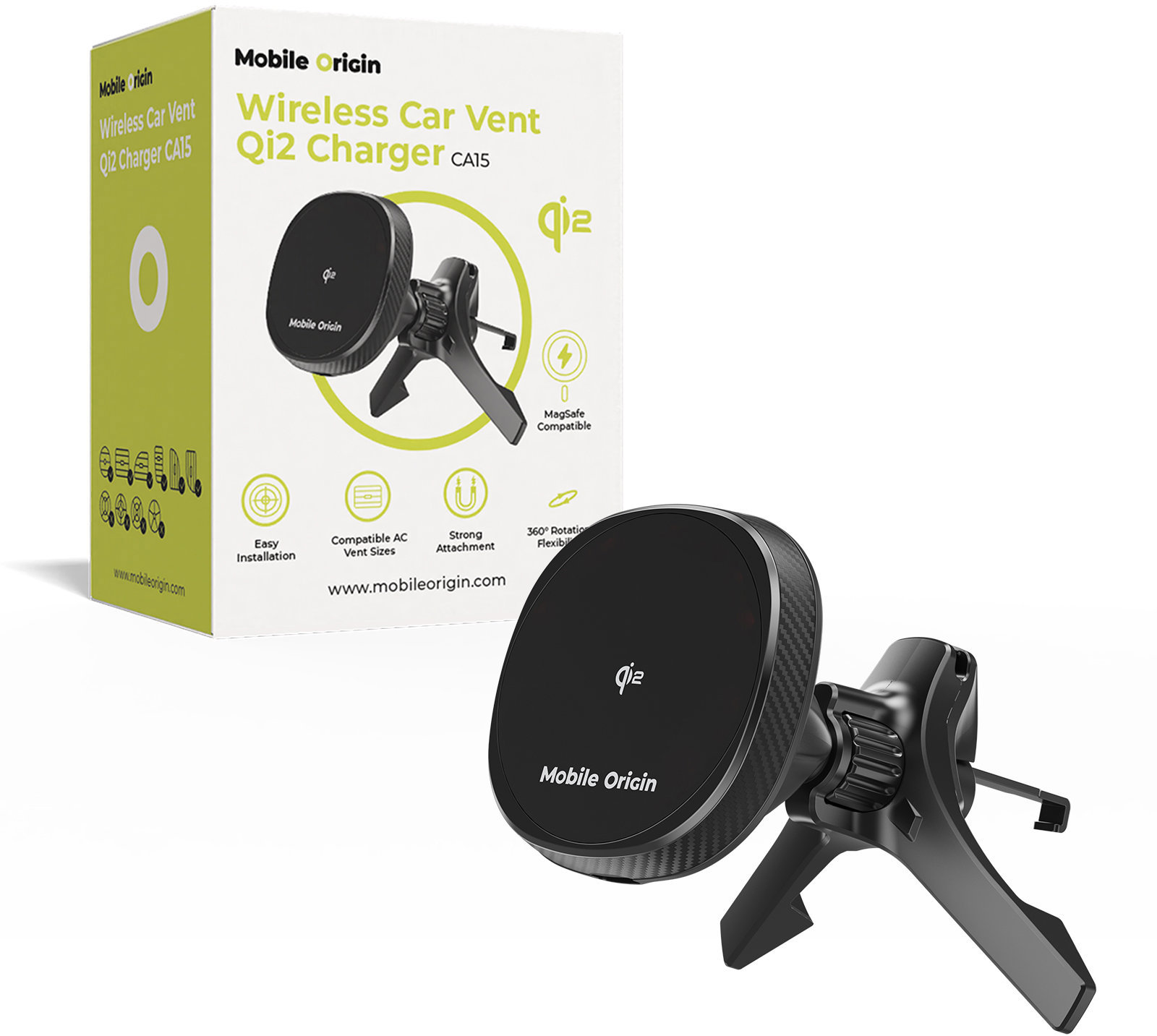 Mobile Origin Wireless Car Vent Qi2 Charger CA15