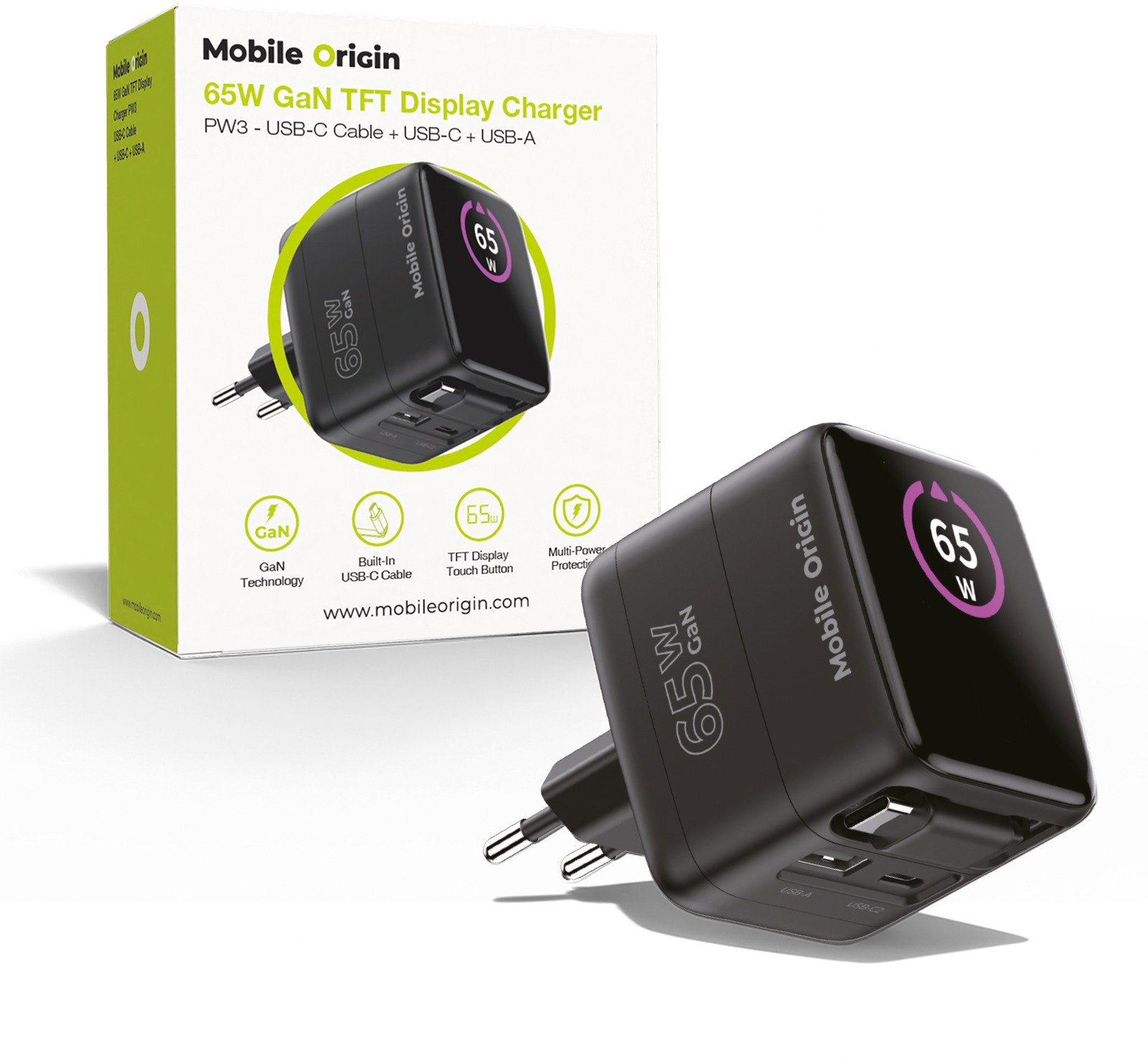 Mobile Origin 65W GaN Display Charger PW3 - USB-C Cable + USB-C + USB-A