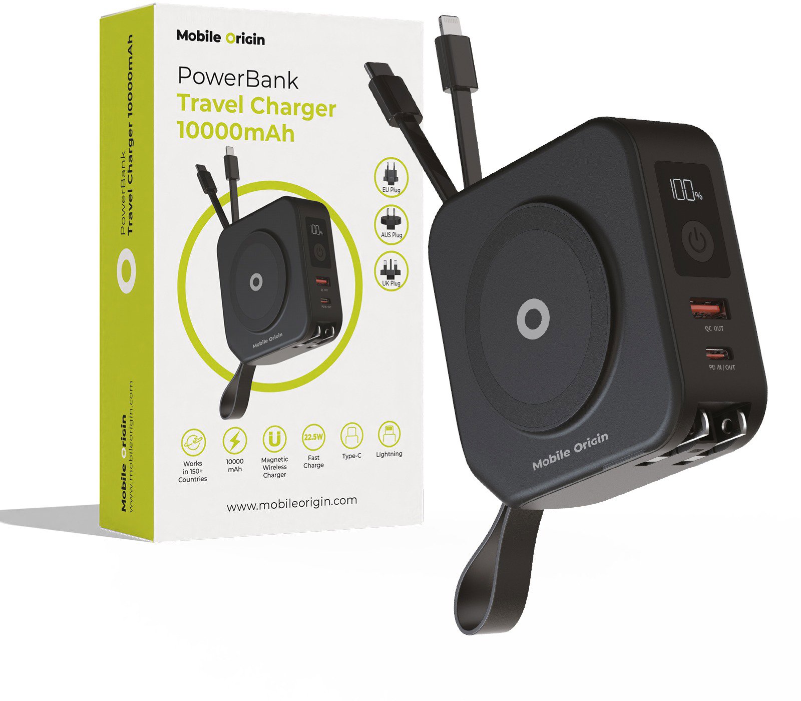 Mobile Origin Powerbank 10 000mAh and Travel Charger Lightning and USB-C cable Black