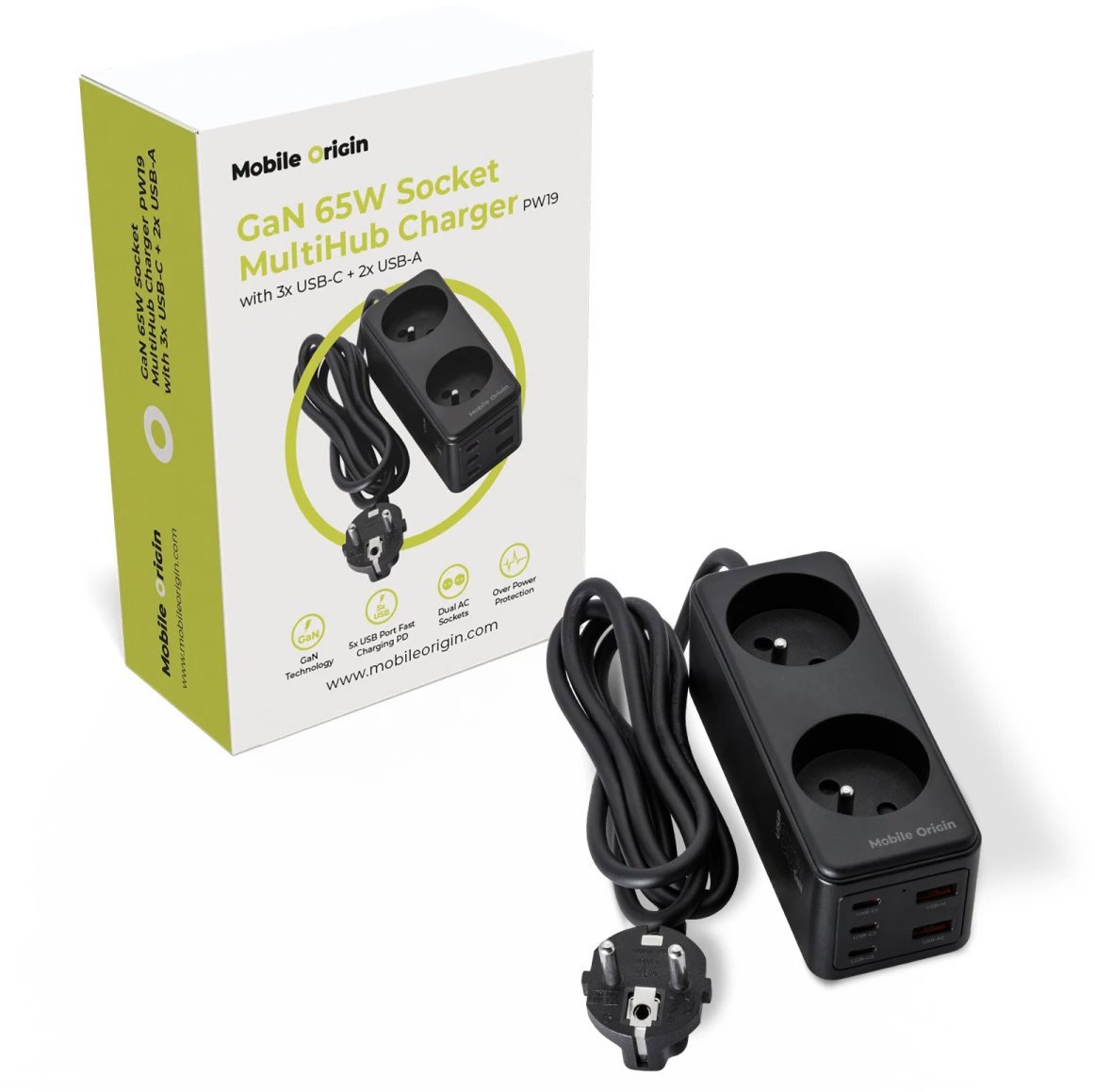 Mobile Origin GaN 65W Socket MultiHub Charger PW19 With 3x USB-C + 2x USB-A