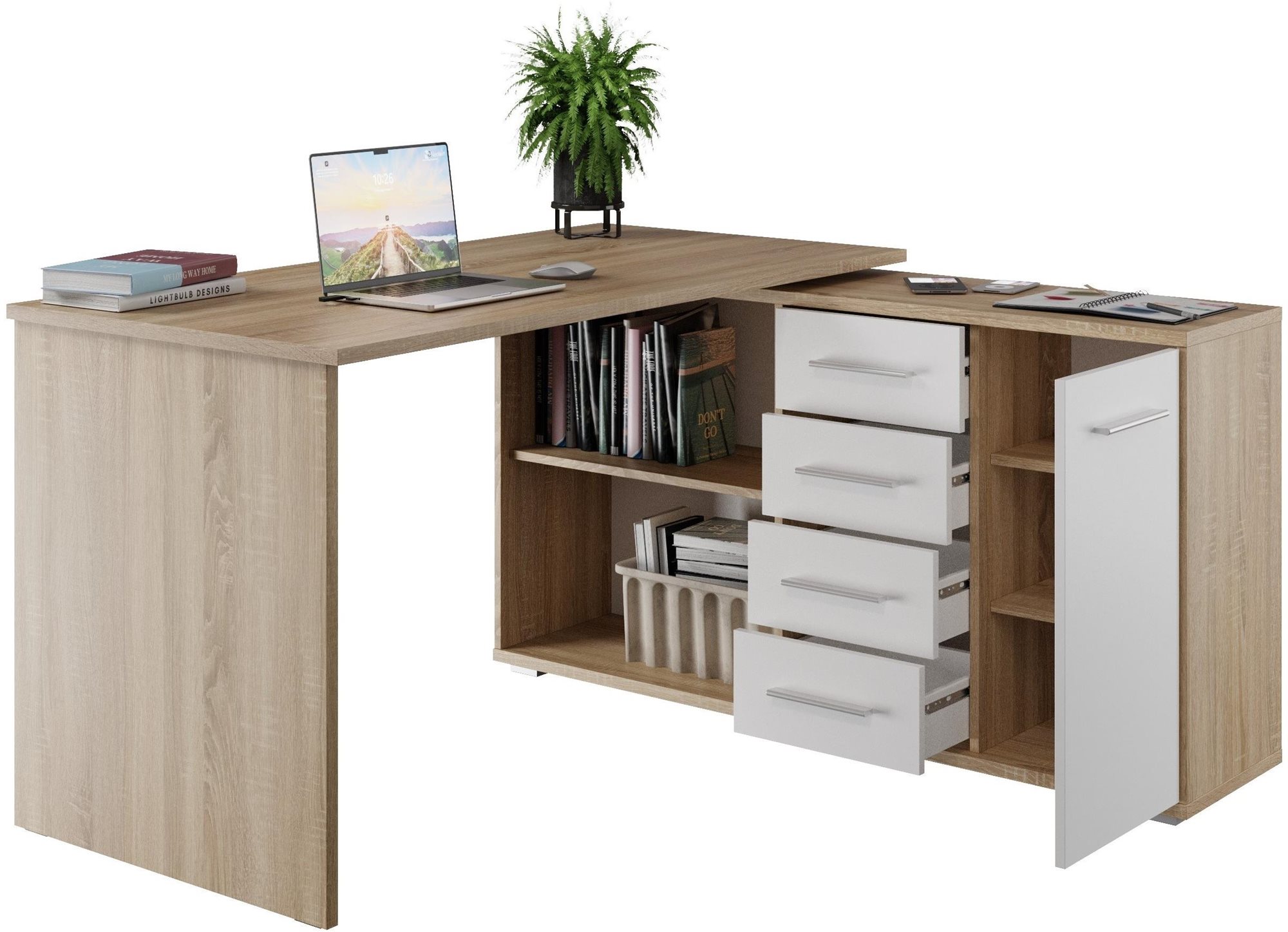 Nejlevnější nábytek Rohový psací stůl NEJBY GIANNI, pravý, dub sonoma/bílý