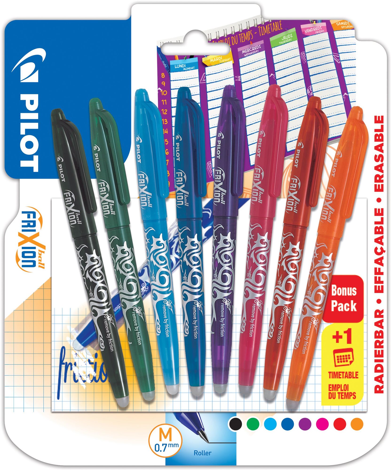 PILOT FriXion Ball 07 / 0.35 mm - sada 8 barev + rozvrh