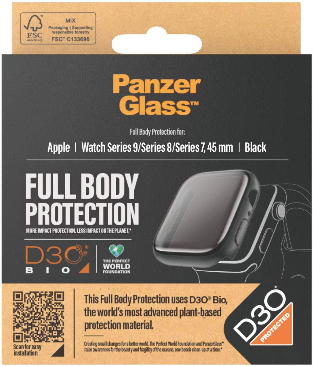 PanzerGlass Apple Watch 9/8/7 45mm ochranný kryt s D30 (černý rámeček)