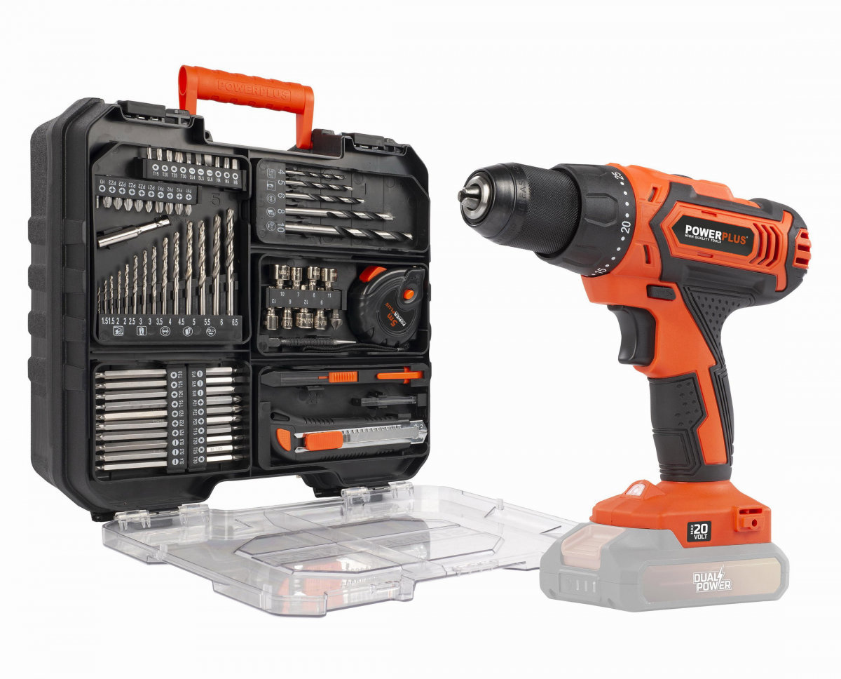 POWERPLUS Vrtačka AKU 20V + 78 ks příslušenství v kufru POWDP15110 (bez AKU)