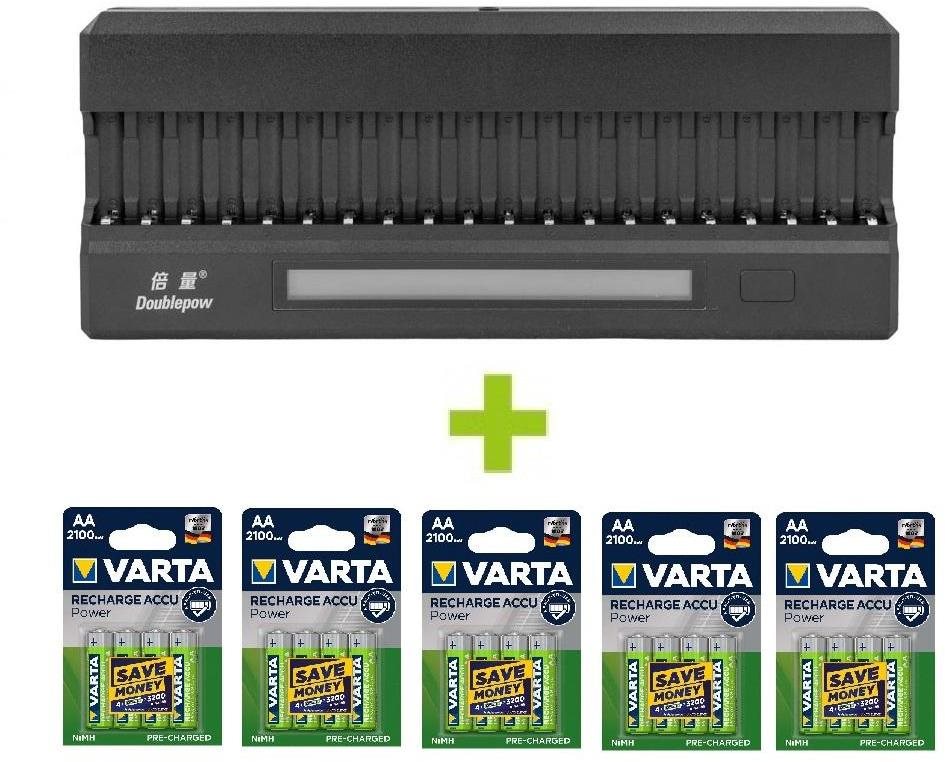 OXE Battery Charger AA na 20 ks, s displejem a 20 ks nabíjecích baterií Varta 56706 R6 2100mAh NIMH