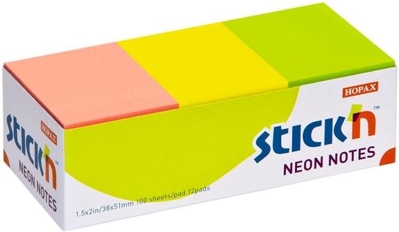 STICK´N 38 × 51 mm, neon mix, 12 × 100 lístků
