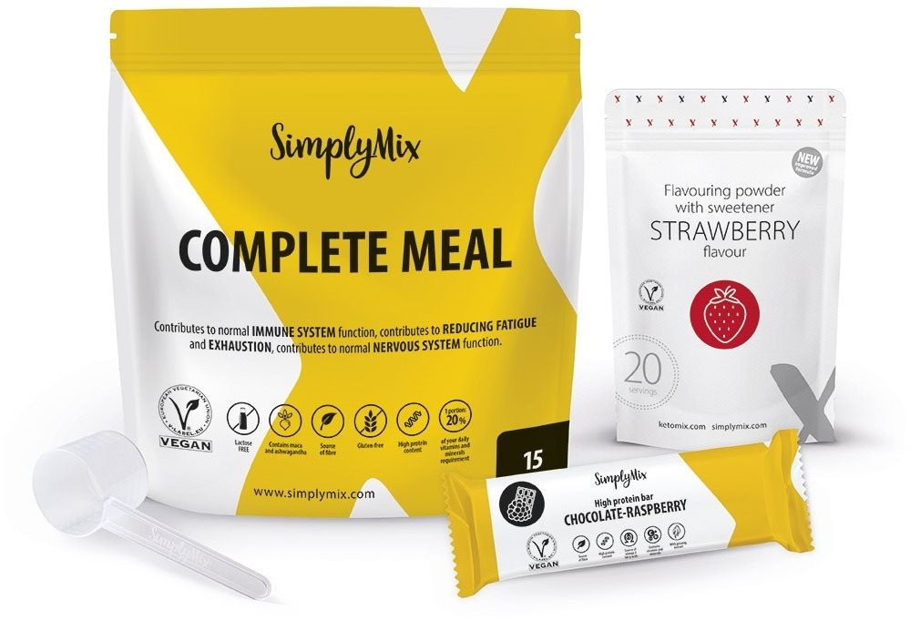 SimplyMix koktejl 450 g (15 porcí), příchuť Jahoda 60 g (20 porcí), odměrka + tyčinka ZDARMA