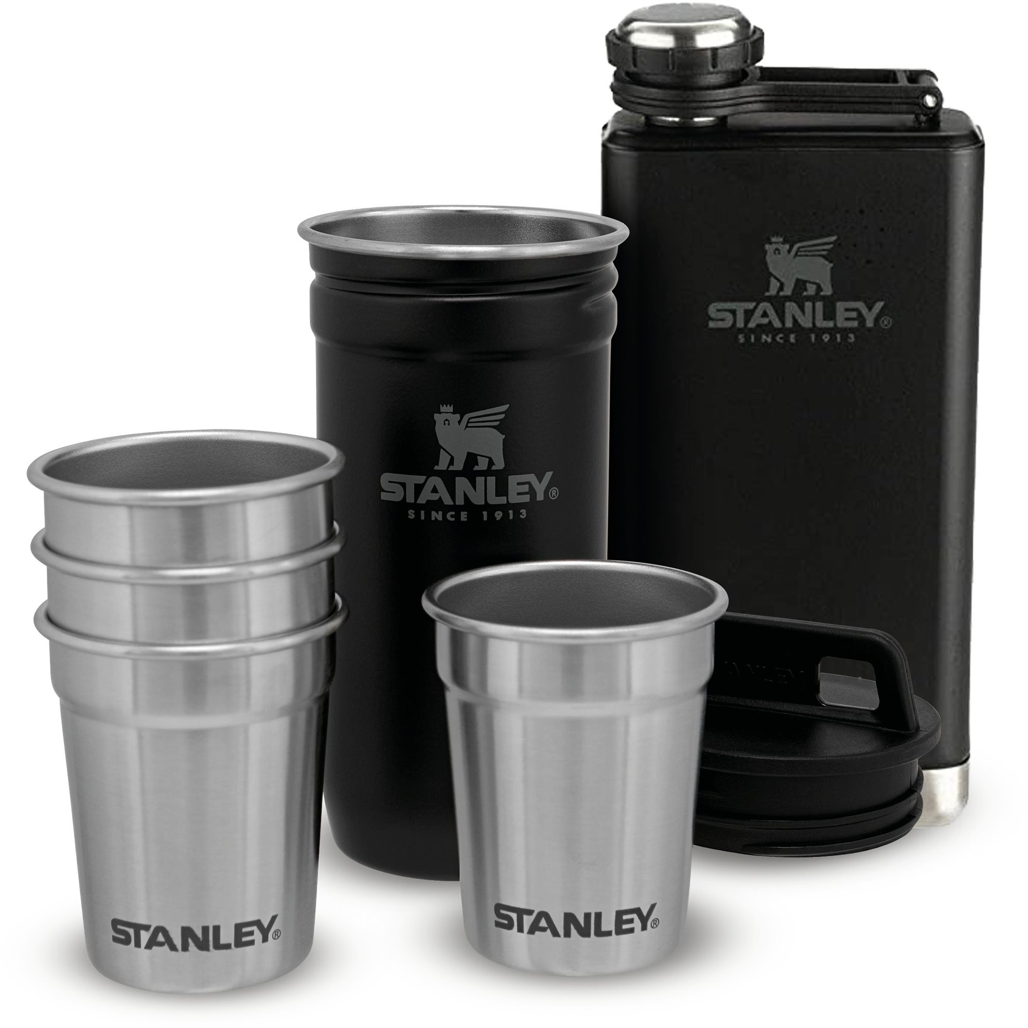 STANLEY Dárkový set placatka a panáky 4ks ADVENTURE SERIES černá mat