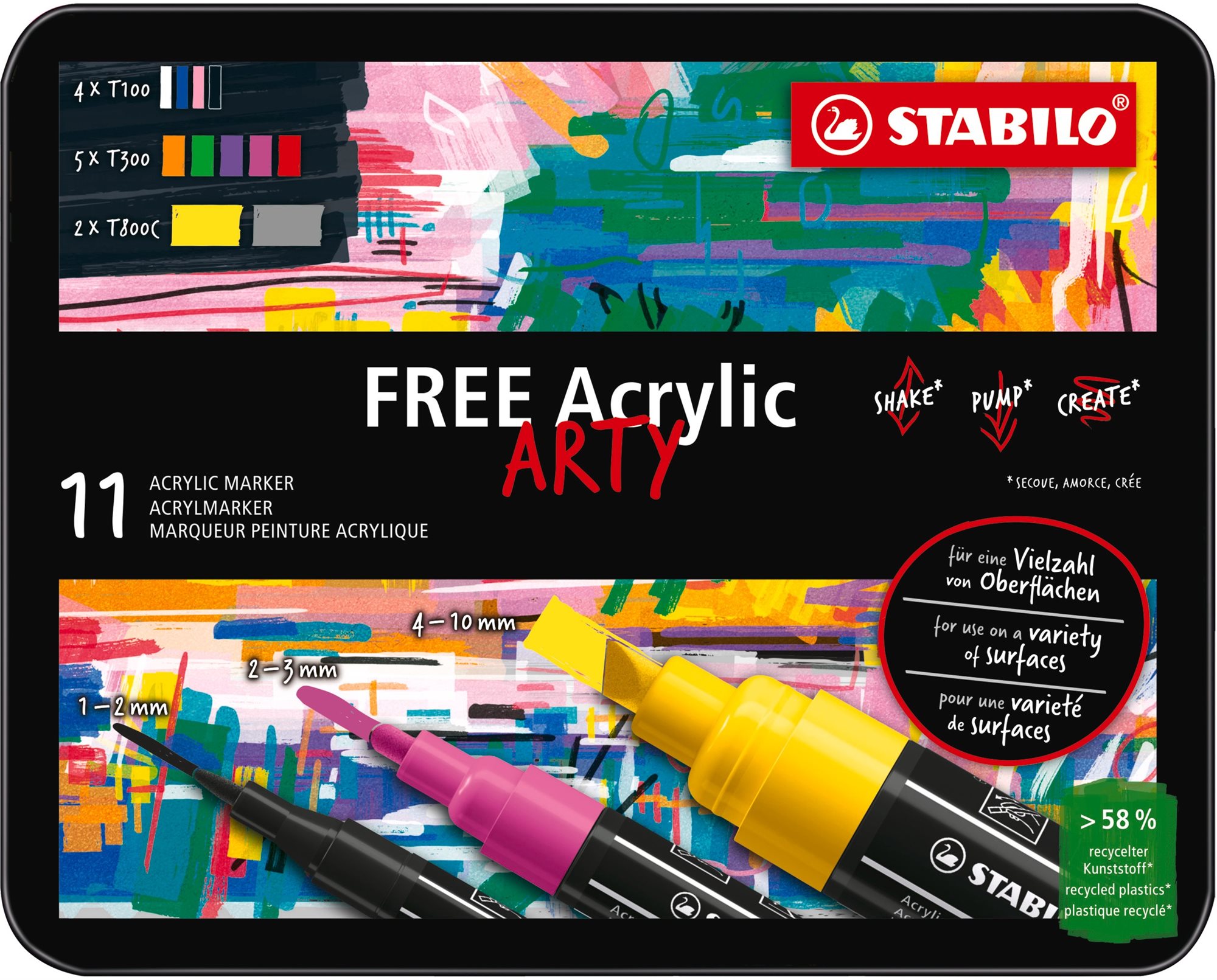 STABILO FREE Acrylic základní sada - balení 11 barev - se 3 různými hroty 4x T100, 5x T300, 2x T800C