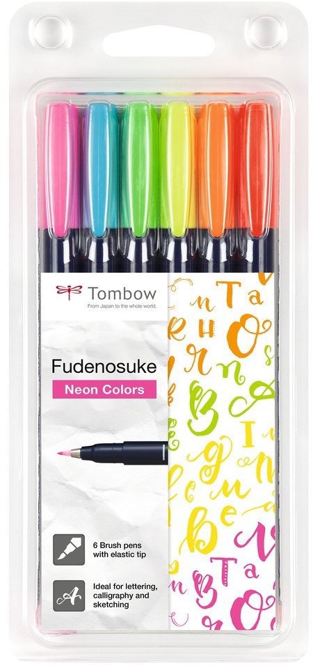Tombow Sada štětcových fixů Fudenosuke, neonové barvy tvrdost 1 (hard), 6 ks