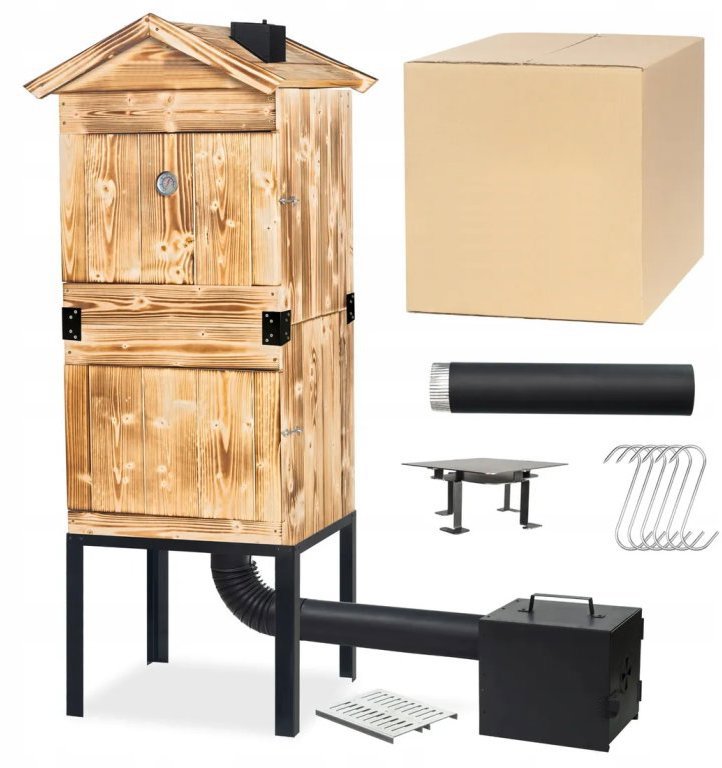 TopKing Zahradní dřevěná udírna 160 cm opálená s XL topeništěm a kovovým komínem - Grill&Smokehouse