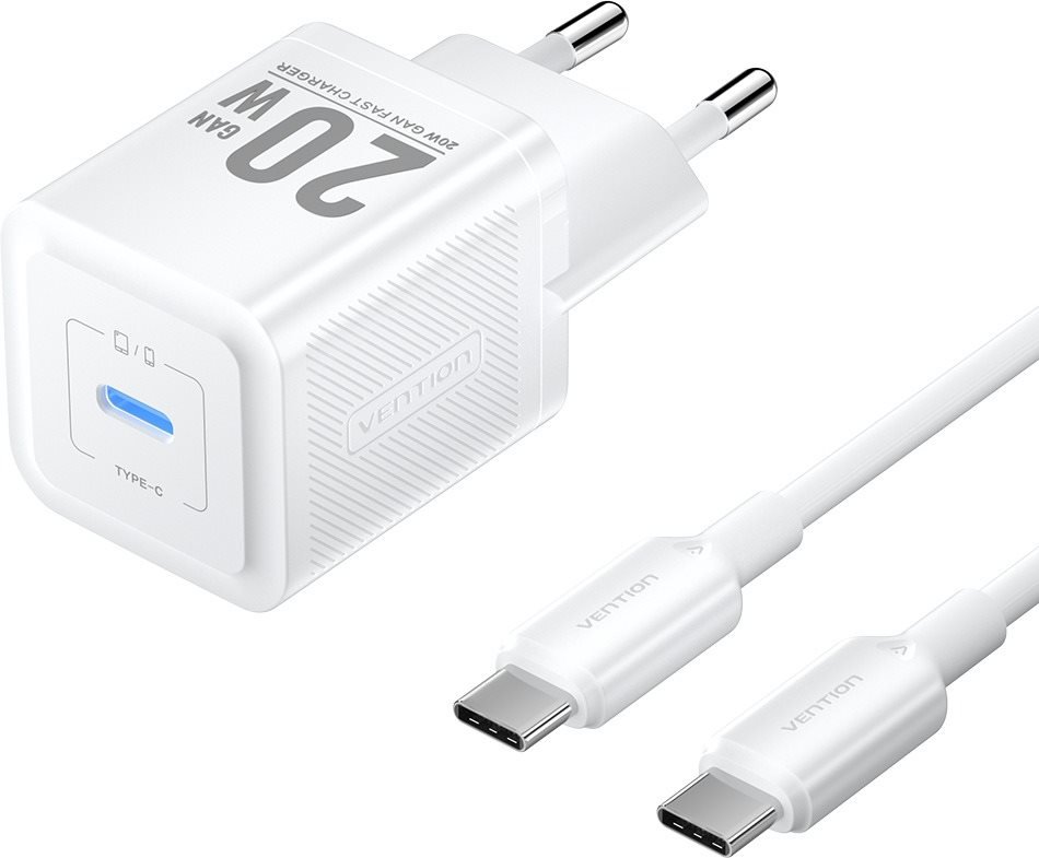 Vention 1-Port USB-C GaN Charger (20W) with USB-C to USB-C Cable (1M) EU-Plug White