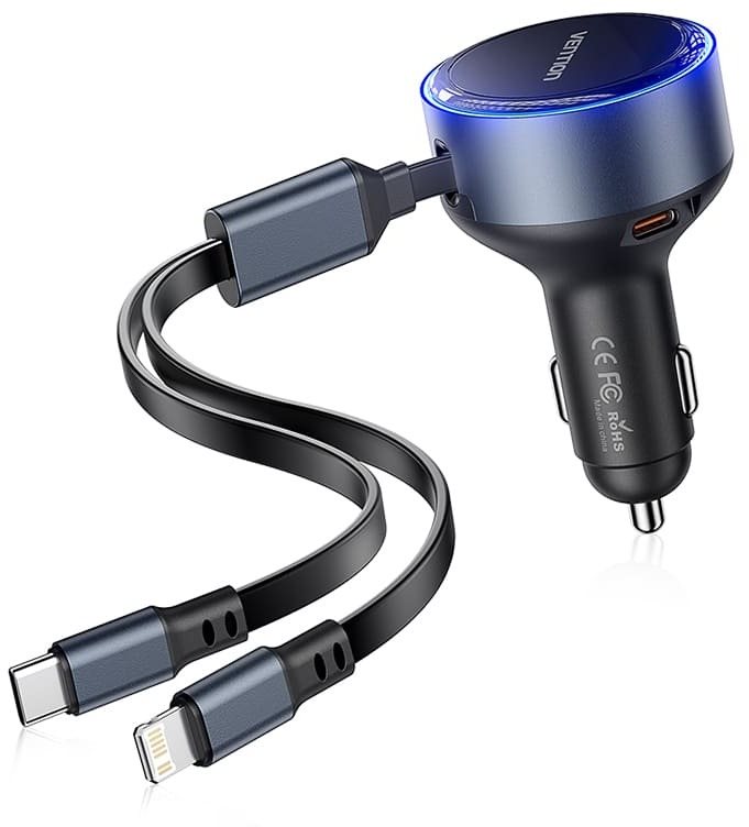 Vention Three-Port USB-C + USB-C/Lightning (30W + 30W/27W) Car Charger with Built-In Cable Black