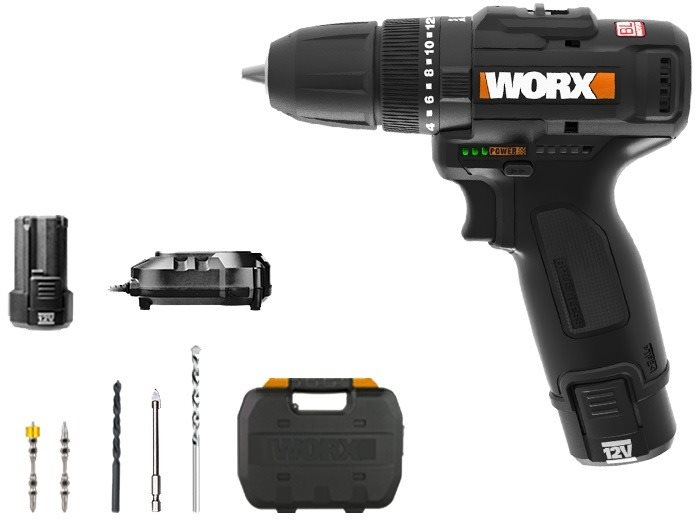 WORX Vrtačka AKU 12V 38 Nm WX121 (2x2 Ah) + sada vrtáků 5ks