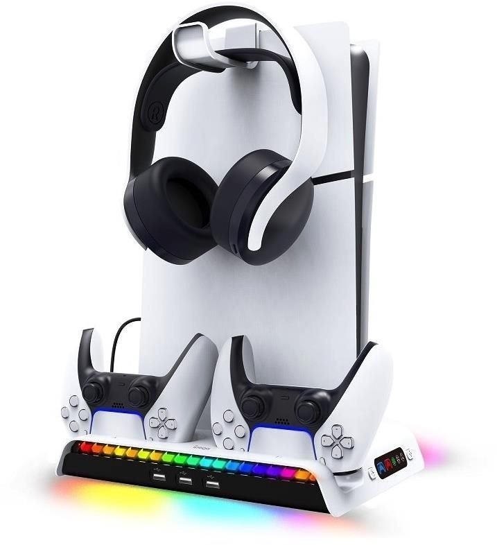 iPega P5S006 Multifunkční Nabíjecí RGB Stojan s Chlazením pro PS5 Slim White