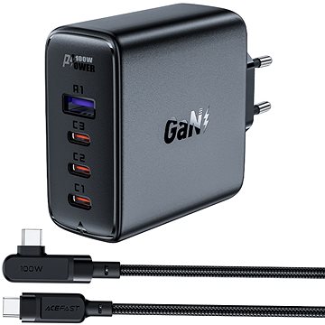 ACEFAST Ultimate GaN Charger 100W (3x USB-C + USB-A) + USB-C Cable BLACK (A37)