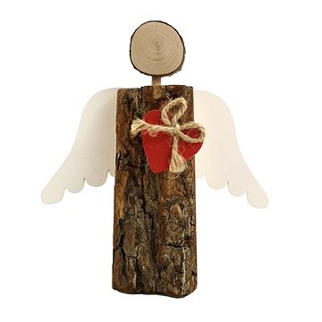 AMADEA Dřevěný anděl s kůrou s bílými křídly a čeveným srdcem, masivní dřevo, 19x13,5x3 cm (35638-00)