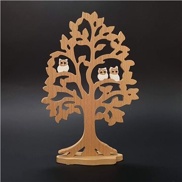 AMADEA Dřevěný strom s bílými sovami 25 cm (29677-00)