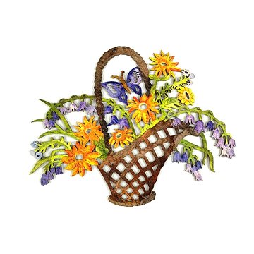 AMADEA Dřevěná dekorace barevná koš s květinami 22 cm (36693-00)